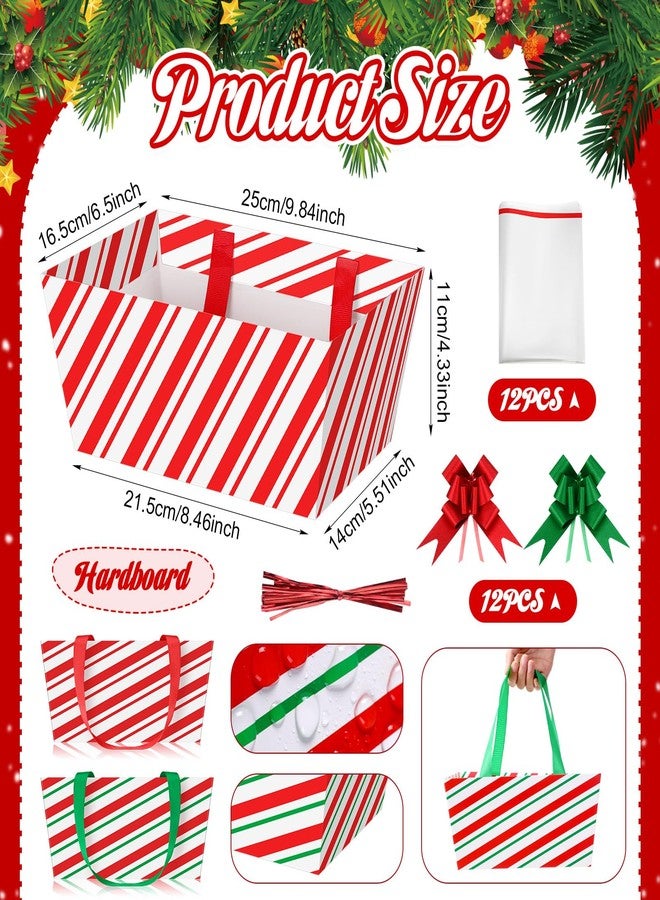 Skyygemm 12 Pcs Christmas Basket for Gifts Empty Kit 9.8 x 6.5'' Gift Basket Empty to Fill Bulk with Handles Cellophane Bags Pull Bows Twists for Holiday Xmas Party Wrapping(Candy Stripe) - Image 3